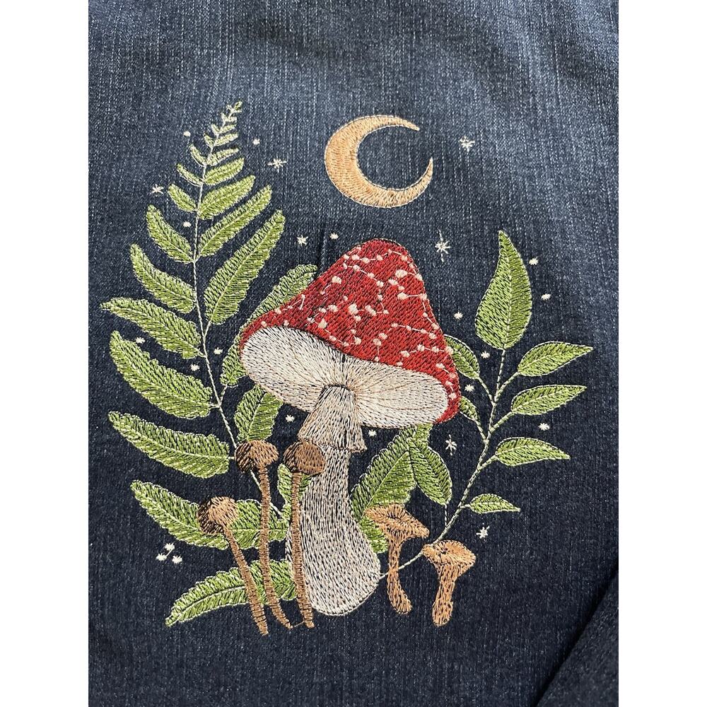 Custom Embroidered Denim Jacket Time & Tru XL Boho Mushroom Garden Fern Design - Picture 2 of 7